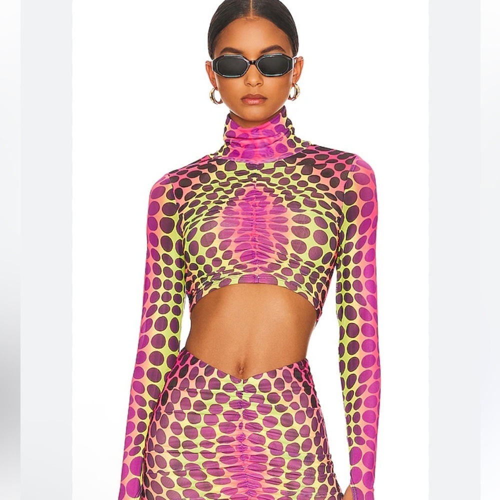 AFRM Dionne neon crop top mock neck polka dot festival mesh top small